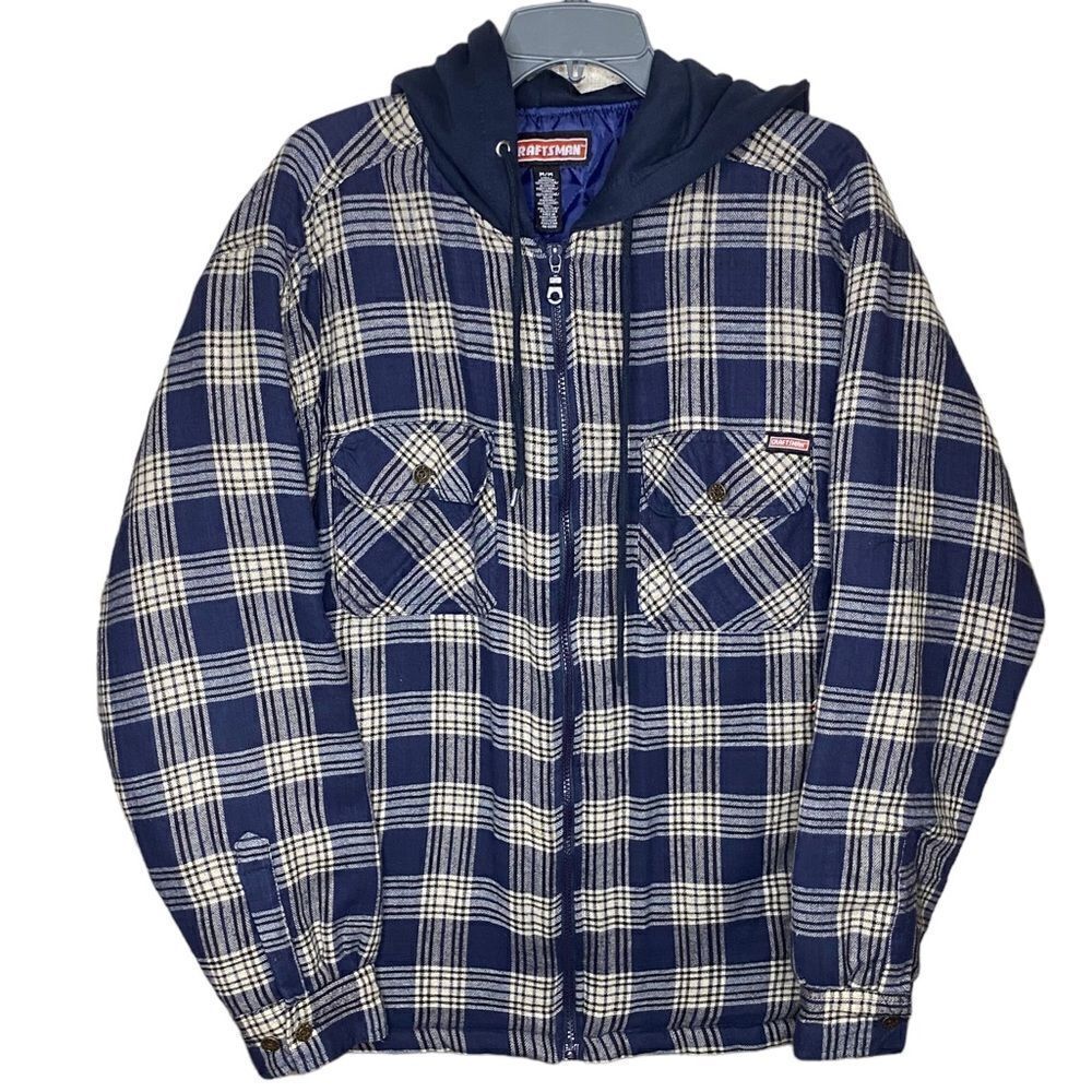 Craftsman Men’s Sz Med Blue Cream Plaid Zip Flannel Quilted Lined Hooded Shacket